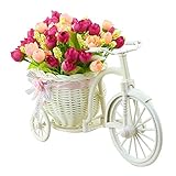 JAROWN Artificial Rose Flowers Nostalgic Bike Basket Ratten Vase Plant Stand Mini Garden for Home Wedding Decoration(Rose red)