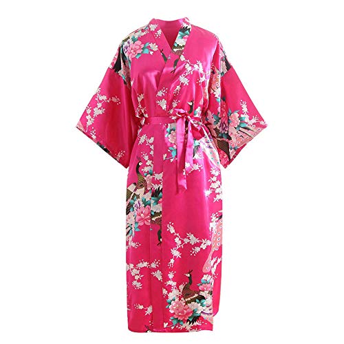 CofeeMO Kimono Satin Floral Print Wrap Pajamas for Women,Soft Flare Sleeve Bathrobe Nightdress(Hot Pink,Free Size) - Thumbnail 3