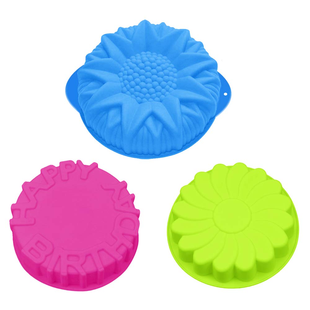 3 Pack Silicone Cake Mold Pan, SENHAI Large Round Bread Pie Flan Tart Mold, Whirlwind Pattern Sunflower Happy Birthday Letters Shape Non-Stick Baking Trays for Birthday Party DIY - Green, Blue, Purple