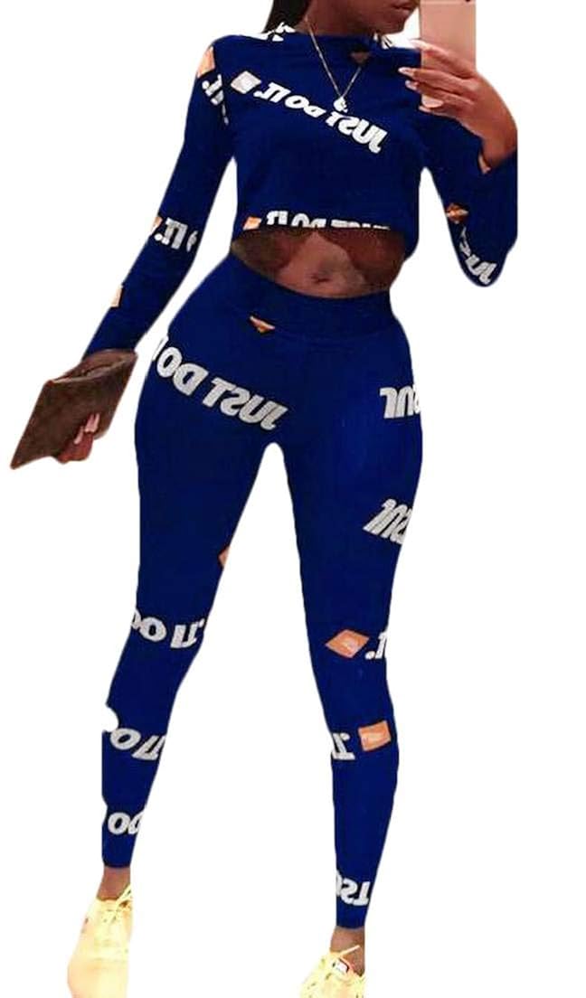 Pipigo Womens 2 Piece Outfits Letter Print Tracksuit Long Sleeve Crop Top Legging Pants Set Active Clothing