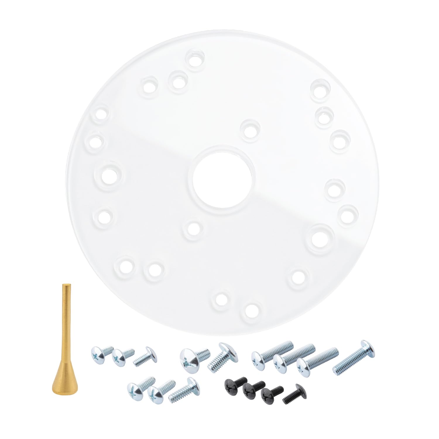 Photo 1 of POWERTEC Router Base Plate 6-1/2" w/Centering Pin & Mounting Screws, Predrilled Holes - Clear Acrylic Sub Base, Fits Listed Bosch, Dewalt, Milwaukee, Porter Cable, Makita, Craftsman & More (71022)