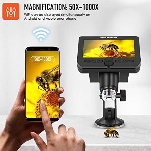 WiFi HD Microscope 1080P 4.3 inch LCD Screen, VSATEN Wireless Digital 50X-1000X Magnification Zoom USB Microscope Camera 2.0 Megapixels 8 Led Camera Video Recorder for iPhone Android Windows Mac Linux