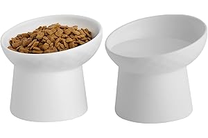 KITCHENLESTAR Ceramic Raised Cat Bowls, Elevated Tilted Cat Food and Water Bowls Set, Porcelain Stress Free Pet Feeder Dish for Cats and Small Dogs, Dishwasher and Microwave Safe, Set of 2(White)