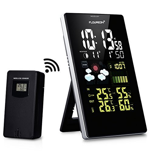 FLOUREON Wireless Weather Station Weather Thermometer with Outdoor Sensor Alarm Clock Snooze LCD Colour Display Temperature Humidity Monitor Thermometer Hygrometer Indicator