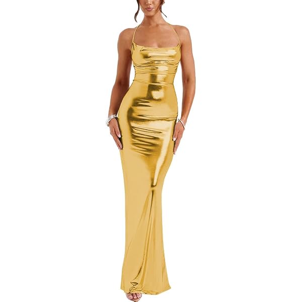 Amazon.com: IQWVP Sleeveless Backless Maxi Dress Women's Shiny Spaghetti  Strap Bodycon Maxi Dresses Sexy Glitter Metallic Dress (US, Alpha, Small,  Regular, Regular, Gold) : Clothing, Shoes & Jewelry