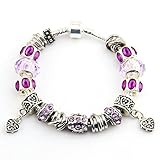 Fun Charm Jewelry Silver Plated Snake Chain Beads Crystal Love Heart Dangle Charm Bracelet for Women