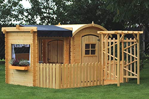 TIMBELA M505+M080M Maisonnette en Bois avec abri et terrasse- Maison de Jardin pour Enfants - pour l'exterieur