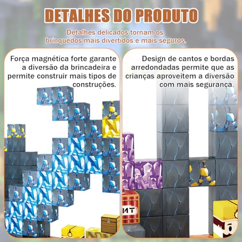 Blocos Magnéticos Infantil 72 Peças para Montar – Tema Mina de Ouro, Cubos Magnéticos Educativos de Construção, Brinquedo de Encaixe Estimulante para Crianças +3 Anos