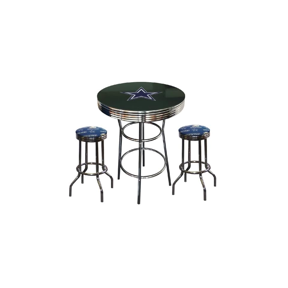 Dallas Cowboys Logo NFL Football Glass Top Chrome Bar Pub Table Set with 2 Swivel Bar Stools