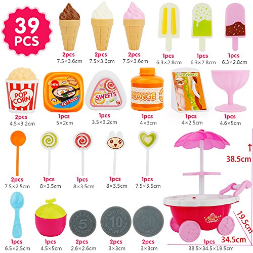 Sotodik 39PCS Ice Cream Candy Cart 39 PCS Pretend Play Food Dessert and Cash Trolley Set Toys with Music and Lighting Kids and Girls Toyselody For Girls and Kids - Thumbnail 2