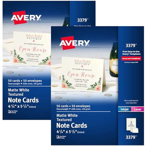 Avery Cartões de anotações imprimĂveis, 10,8 x 14 cm, impressĂŁo frente e verso, branco fosco, 2 pacotes, 100 cartões no total (5813)
