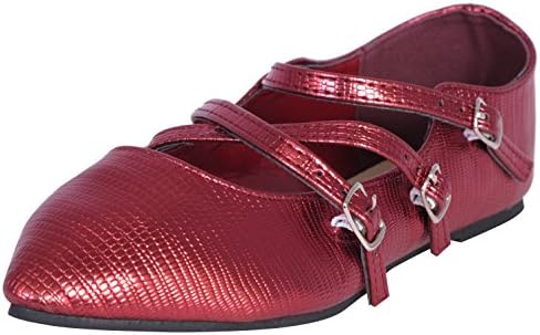 'Eddie Marc Toddler Girls and big Girls Shiny Crocodile Pattern Ballet Flat with Pointed Toe and Straps, Burgundy, Size 7'