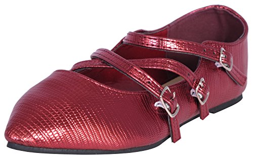 'Eddie Marc Toddler Girls and big Girls Shiny Crocodile Pattern Ballet Flat with Pointed Toe and Straps, Burgundy, Size 7'