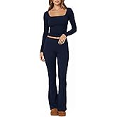Simlakey Women's 2 Piece Workout Sets Square Neck Long Sleeve Crop Tops Fold over Flare Leggings Casual Gym Pilates Yoga Set