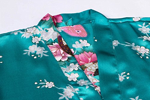 Yukata Women's Short Kimono Robe, Peacock&Blossom Design, Atrovirens M