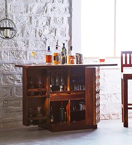 Santosha Decor Pre-Assemble Sheesham Wood Stylish Bar Cabinet/Wine Rack with Wine Glass Storage for Living Room, 132x50x89cm