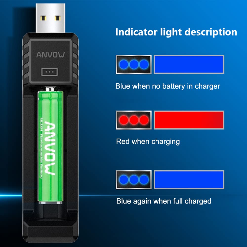 ANVOW Smart AAAA Battery Charger with 2 Counts Rechargeable AAAA Batteries - Ni-MH 1.2V 400mAh 1200 Cycles Surface Pen Active Stylus Rechargables Battery