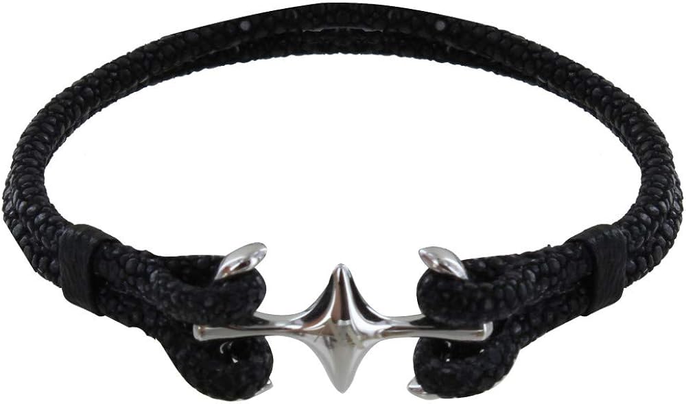 LES POULETTES BIJOUX - Rhodium 925 Silver Mixed Bracelet Double Anchor and Leather- 18cm Classics - Black