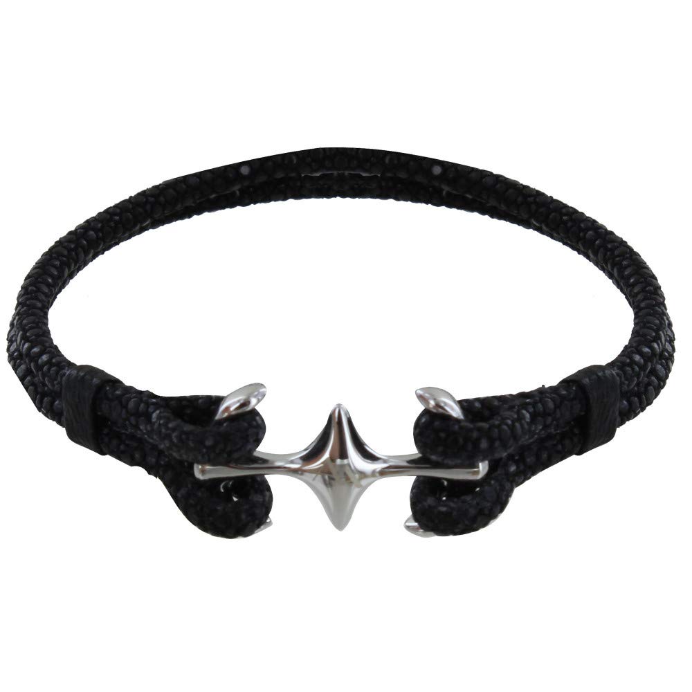 LES POULETTES BIJOUX - Rhodium 925 Silver Mixed Bracelet Double Anchor and Leather- 18cm Classics - Black
