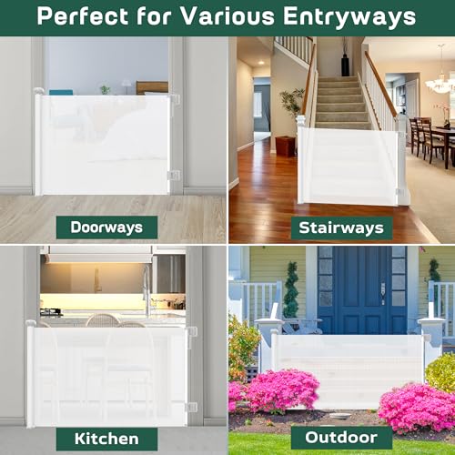 Retractable Stair Gate Extend up to 55” wide, 33.86” Tall with Drilling and Non-Drilling Accessories, Baby Gate One Handed Silent Operation Grey Dog Gate for Stairways/Indoor/Outdoor (White)
