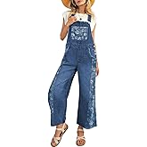 chouyatou Women's Loose Adjustable Strap Denim Bib Overall Floral Wide Leg Cropped Jeans Jumpsuit