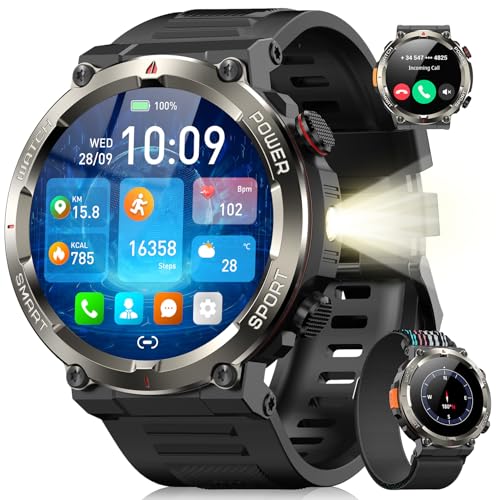 Blackview Men's Smartwatch, 1.45 Inches Military Smartwatch Fitness with Bluetooth Calls Smart Watch 100+ Sports Modes/Heart Rate Monitor/SpO2/Torch/Compass for Android iOS