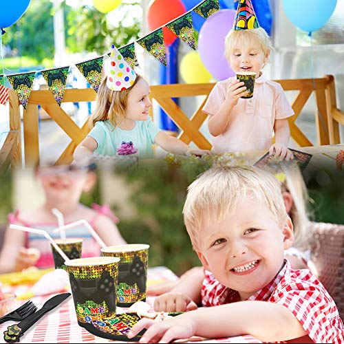 Video Game Party Supplies, Angela&Alex 169 Pieces 24 Guests Gaming of Themed Party Birthday Banner Round Plates Cups Napkins Dessert Plate Forks Knives Spoons Game On Supplies Decor