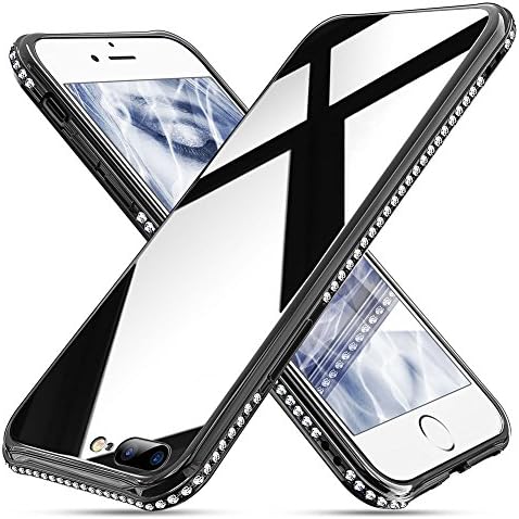 Case for iPhone 7 Plus 8 Plus, Cute Bling Sparkle Diamond Case with Tempered Glass Back Cover [Anti Fingerprint] Protective Bumper for Girls Women (Black)