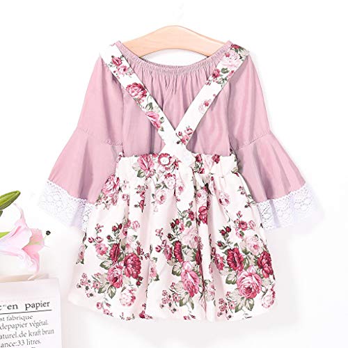 Baby Girls' Skirt Sets,Kid Toddler Girl Infant Plain Lace Horn Sleevest Shirts with Overall Skirt Set Cotton Outfits Pink 12-18 Months