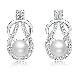 Silver Crystal Diamond Accent Pearl Round Circle Fashion Earrings Studs Drop Set for Women, with a Gift Box, White