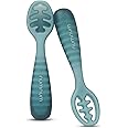NumNum Baby Spoons Set, Baby Essentials Pre-Spoon GOOtensils for 12+ Months, First Stage Self-Feeding Spoons for Baby Led Weaning (BLW), Silicone Toddler Utensils, BPA-Free, 2 Pack Blue