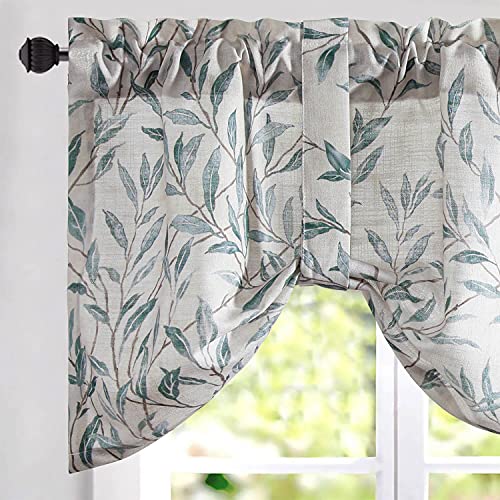 VOGOL Tie-up Valance for Kitchen Windows Tie Up Curtains for Windows Blue Leaf Print Adjustable Balloon Window Shades Rod Pocket Tie-up Valances for Cafe, 52''x18'', One Piece
