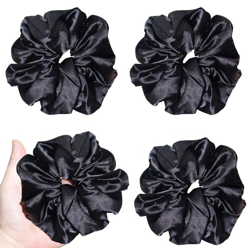 4 Pcs Black Large Satin Scrunchies for Women Thick Hair, Oversized Scrunchy Extra Big Ponytail Holders Hair Accessories