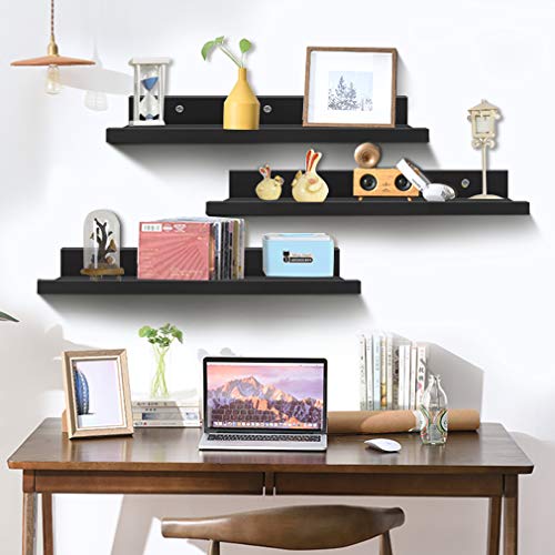 36 Inch Black Floating Wall Ledge Shelves Set of 3, Photo Picture Ledge