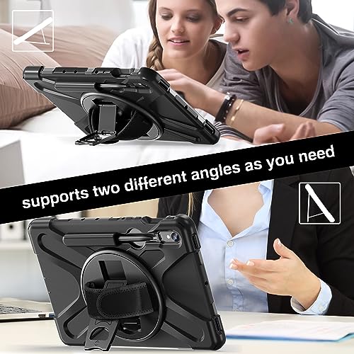 Gerutek Anti-Drop Case for Samsung Galaxy Tab S10 Lite 10.9 Inch/Tab S10 FE/Tab S9 FE/S9 11 inch (2025/2023), Rugged Case with Stand 360° Rotation, Hand/Shoulder Strap, Pencil Holder, Black