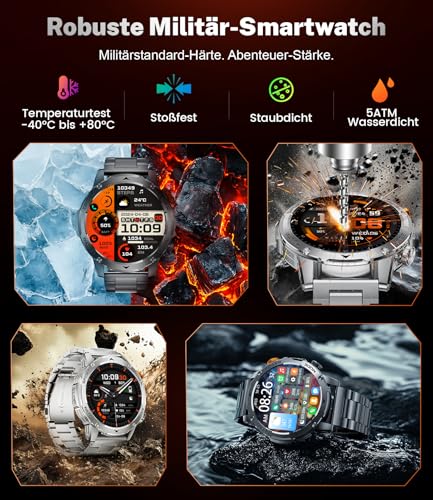 Smartwatch Men's Military 1000 mAh Battery/1.75 Inch HD Large Display, Smartwatch with Torch/Bluetooth Calls/130+ Sports Modes, IP68 Waterproof Fitness Watch with Heart Rate/Sleep Monitor, for Android iOS