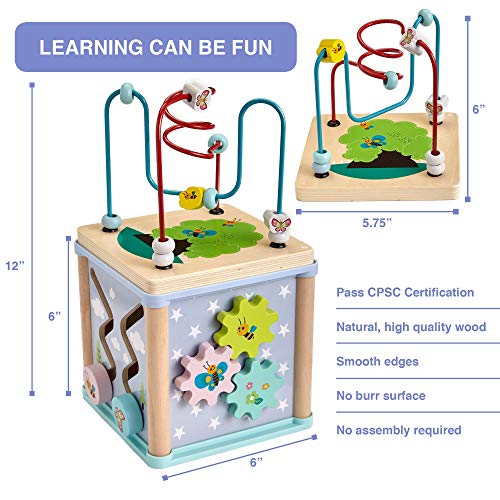 Gleeporte New | 5-in-1 Wooden Activity Play Cube | Deluxe Multi-Function Bead Maze Learning Toy for Toddlers and Kids | Ideal Gift