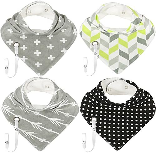 Baby Bandana Drool Bibs with Pacifier / Teething Toy Lanyard, Cotton, Gender Neutral Unisex Designs for Boys and Girls, Great Baby Shower / Registry Gift - 4 Pack - by Mrs Muffet