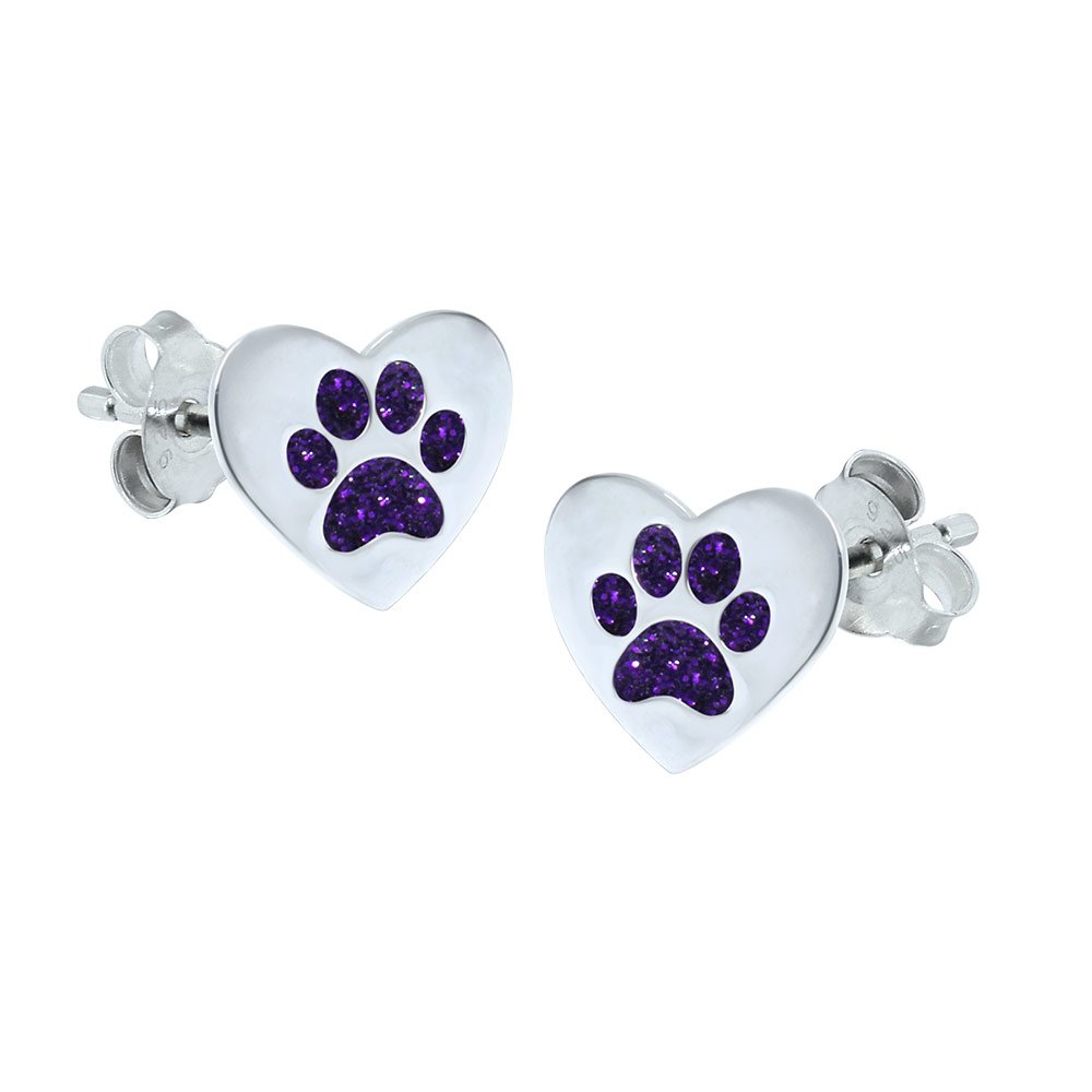 Paw Earrings Love Heart 925 Sterling Silver Purple Glitter