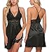 ADOME Women Lingerie Lace Babydoll Chemises V Neck Nightwear Satin Sleepwear Slips Black L