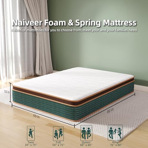 Queen Mattress 10 Inch, Naiveer Queen Size Mattress in a Box with Memory Foam & Pocket Spring, Hybrid Bed Mattress Perfect for Back Pain & Pressure Relief, CertiPUR-US Certified
