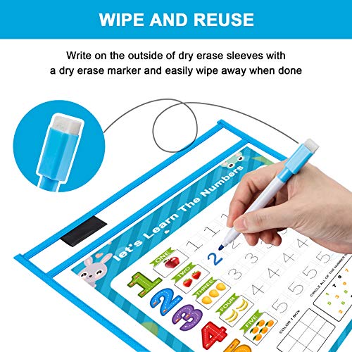 6 Pack Dry Erase Pockets, Dry Erase Sleeves Kids Ages 4-8-12 Assorted Color Oversized 10X14 inch Paper Great for Teachers, School, Home & Office.