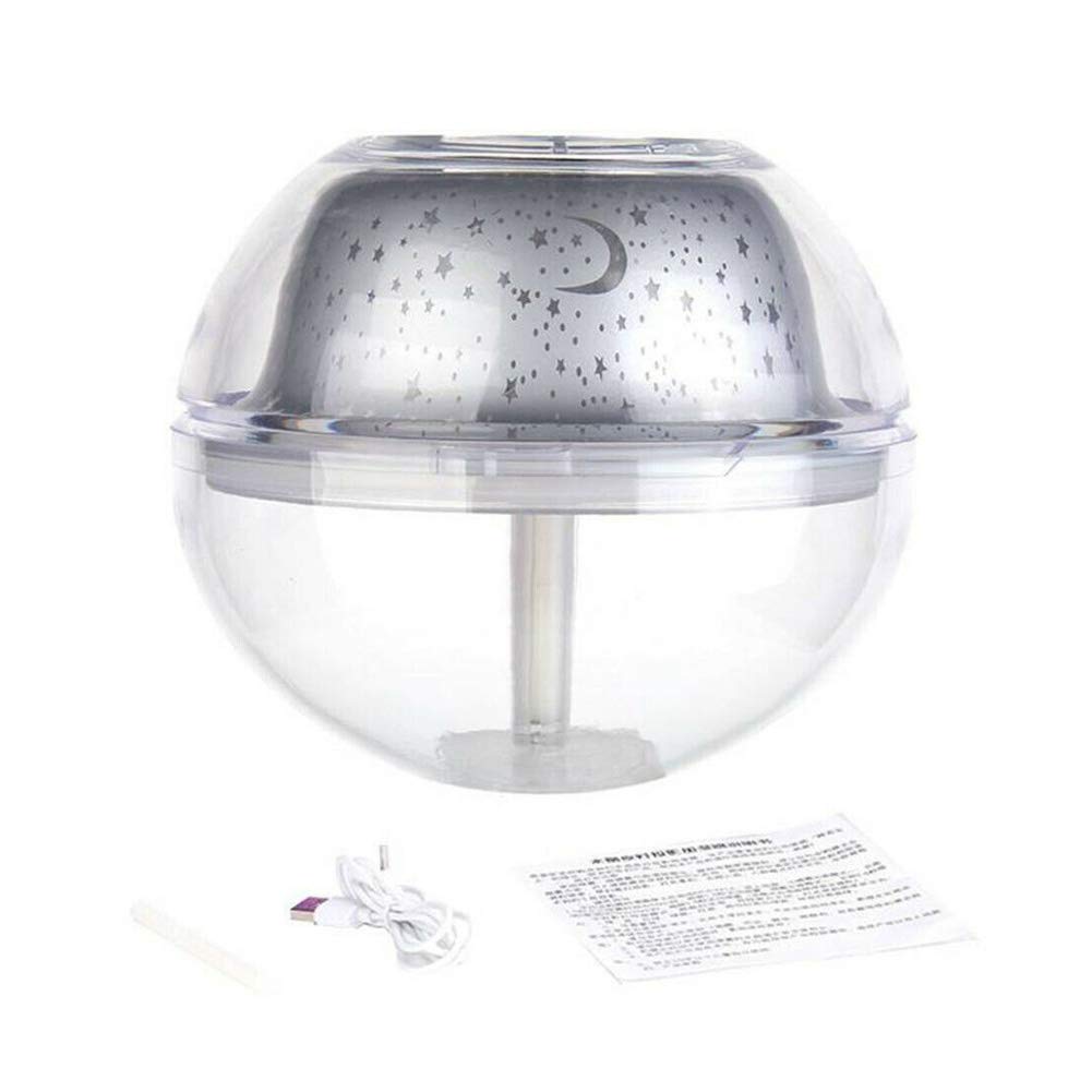 NEEVAS Air Humidifier USB Colorful LED Crystal Projection Lamp 500ml Essential Oil Diffuser for Home Decoration, Bedroom Office, SPA (Silver)