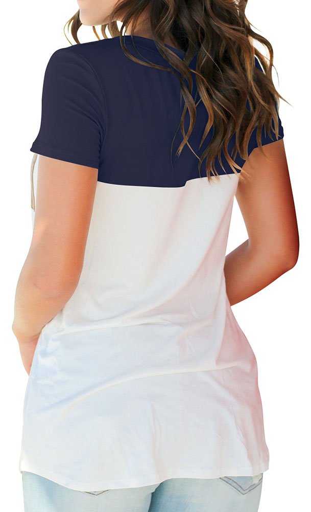 Short Sleeve V Neck Tee Shirts Tops Blouse with Suede Pocket Navy M