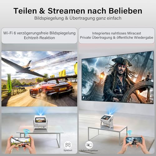 Proyector Inteligente Compatible 4K, Videoproyector Full HD 1080P con Pantalla Táctil, Doble Pantalla, 1200 ANSI, Enfoque Automático, WiFi 6 Bluetooth, 1000+ Apps, para Cine en Casa Dormitorio Camping