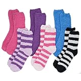6 Pairs Women's Fuzzy Socks One Size Solid Stripe Crew Soft Stretchy Warm Winter
