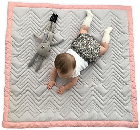 Mama Designs Luxury Quilted Padded Baby Playmat, 100% Cotton, in Grey with Pink Trim. 100cm x 100cm