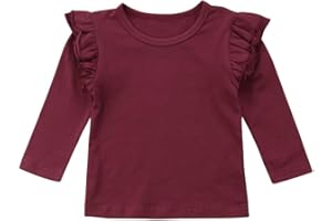 KMBANGI Kids Toddler Baby Girls Ruffle Long Sleeve T-Shirt Top Blouse Solid Cotton Basic Tees Plain Shirt