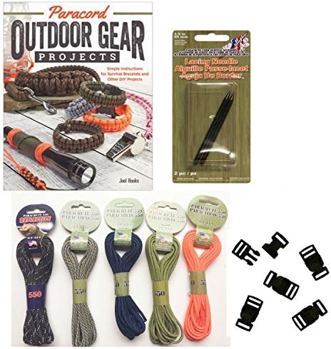 Paracord Bracelet Kit Bundle Including Outdoor Gear Book,16 ft Parachute Cord 550, Lacing Needles, &amp; Buckles (Black, Navy, Orange)