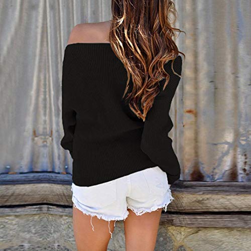 FEITONG Women Knitted Long Sleeve Off Shoulder T-shirt Tops Sweater Blouse(L,Black) - Thumbnail 2